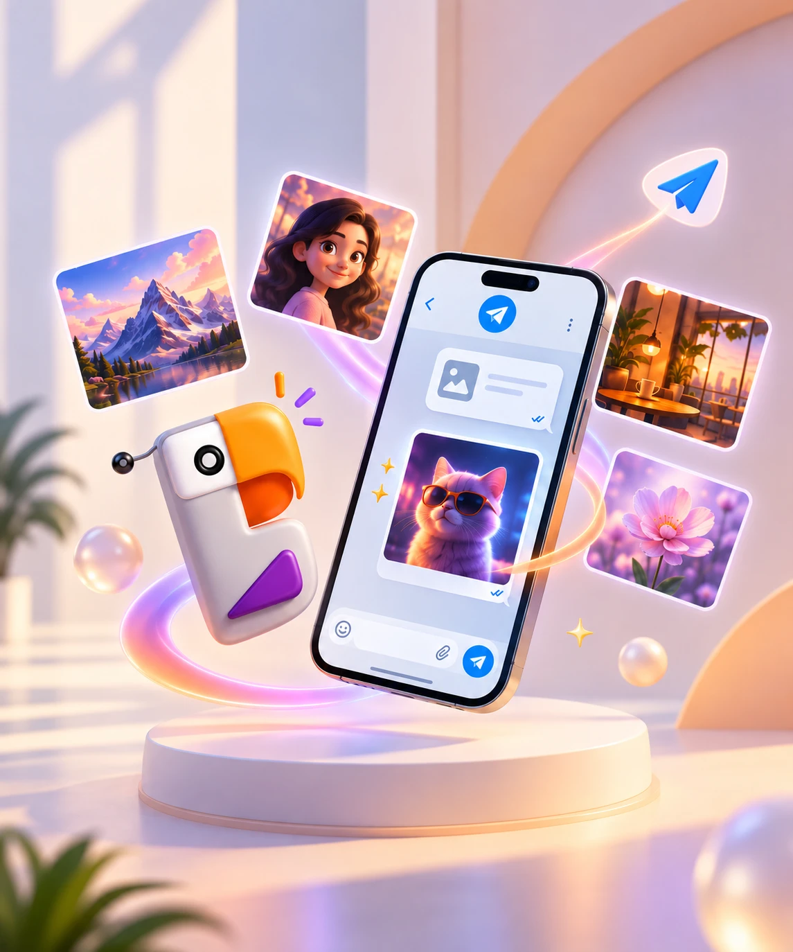 A phone showing BB2T's Telegram chat interface surrounded by ready-made image-generation templates — landscapes, portraits, and a generated cat photo — with the BB2T mascot camera and the Telegram logo