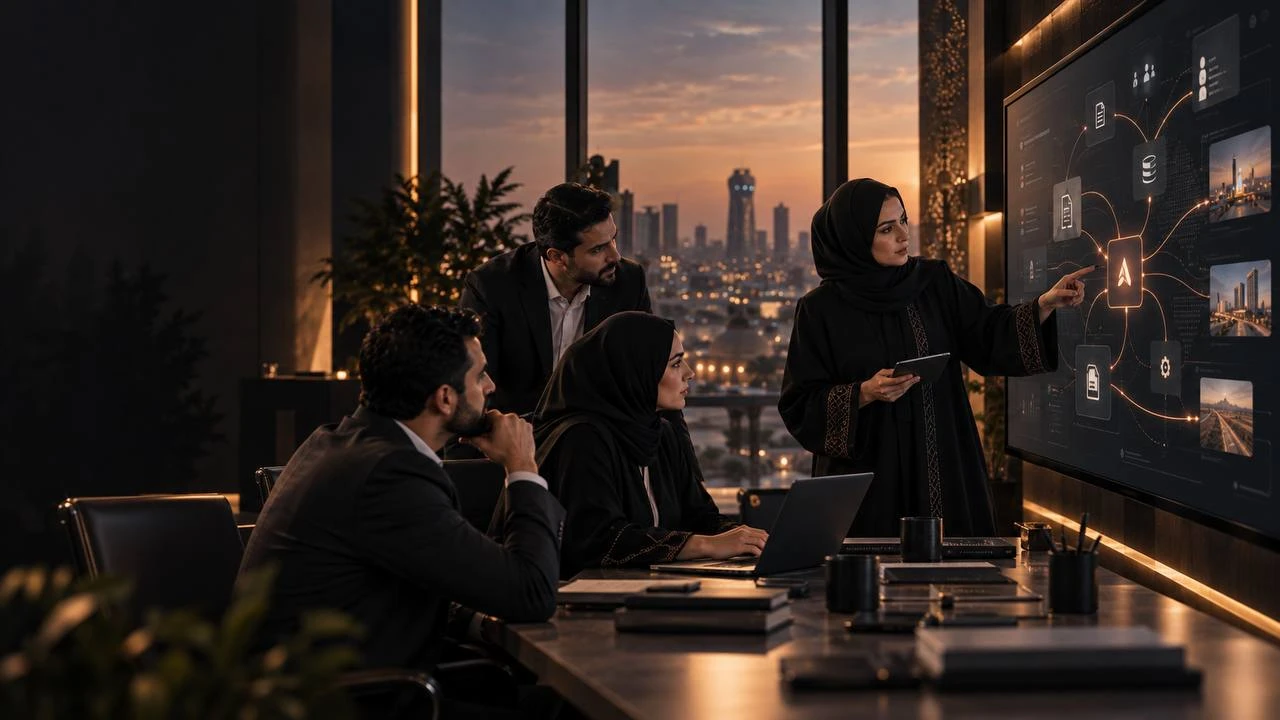 An Iraqi business team in a contemporary office at dusk, gathered around a wall display that visualizes an AI intelligence network connecting documents, data and decisions